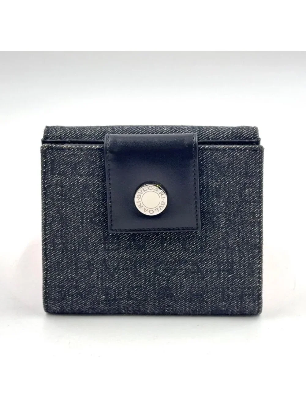 Bvlgari Lettere Logo Mania Leather Denim Navy Black Bifold Wallet Silver
